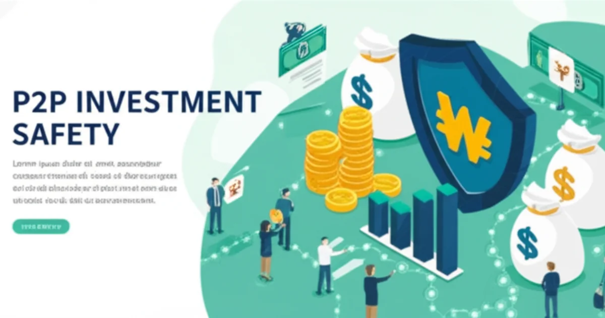 P2P 투자 안전을 주제로 돈 주머니, 성장 차트, 방패가 배치된 현대적 디자인. 배경의 네트워크 연결망이 신뢰감을 더하며, 초록, 파랑, 금색이 전문성을 강조한다.