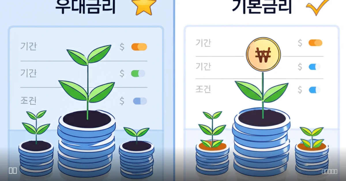 분할 화면 그래픽으로 2025년 적금 금리를 비교. 좌측 우대금리는 체크 표시와 함께 풍성한 돈 식물, 우측 기본금리는 작은 동전 더미로 표현. 기간, 조건 등 주요 정보를 비교표로 제시한다.